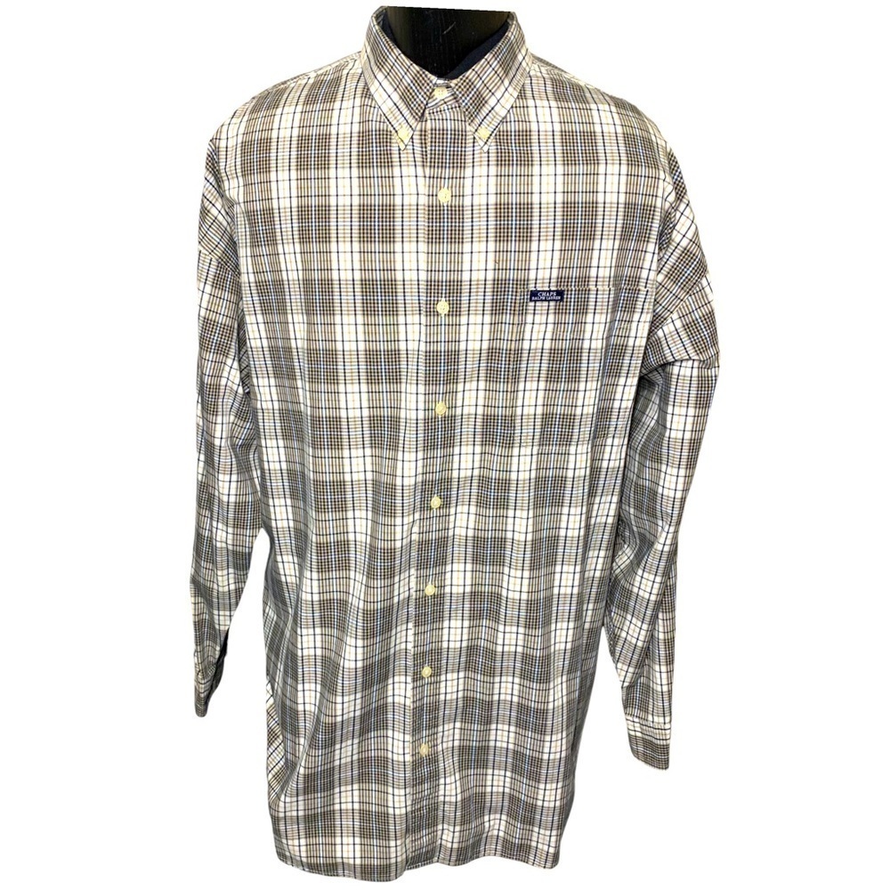 Chaps Ralph Lauren Tan Blue Plaid Button Down Shirt Men Sz 4XLT Madras Long Slv